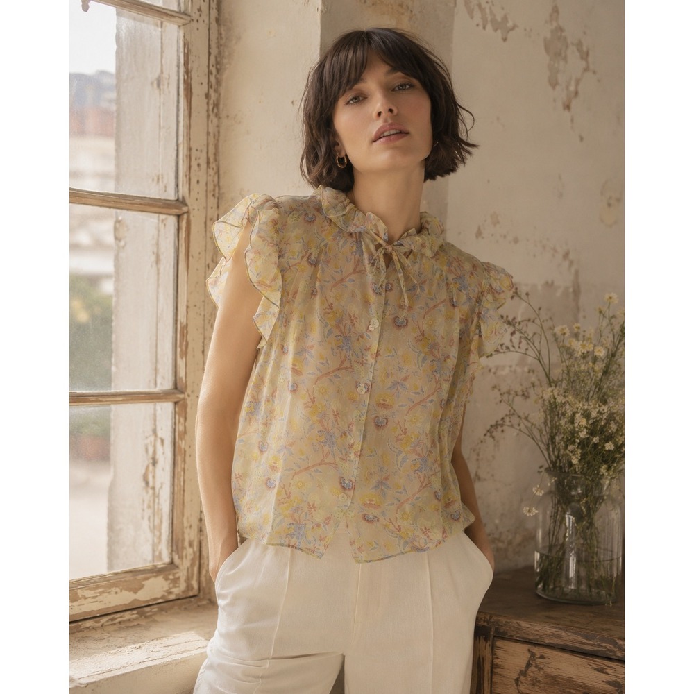 Mes Demoiselles Paris Floral Silk Blend Ruffle Blouse Yellow Blue Size 42